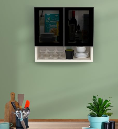 Image of SPECIALITY PANELS Wall Mounted Kitchen Cabinet with Glass Door, Black and Beige, 57x55 cm, 2 Door Storage Cabinet, DIY Assembly