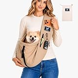 PAWPUBBY Pet Sling Carrier for Small Dogs and Cats 5-20lbs, Dog Sling with Adjustable Depth, Breathable Air Mesh Puppy Travel Bag, Water Resistant Fabric, Double Safety Leash, Machine Washable,Caramel