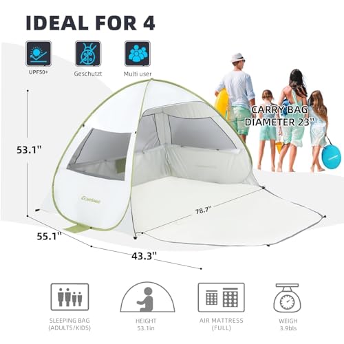 Image of EchoSmile Pop Up Tent for 4 Person Family, Beach Tent Sun Shelter with UPF 50+ UV Protection & Waterproof, Lightweight & Easy Automatic Setup Portable Cabana for Outdoor Travel (Green)