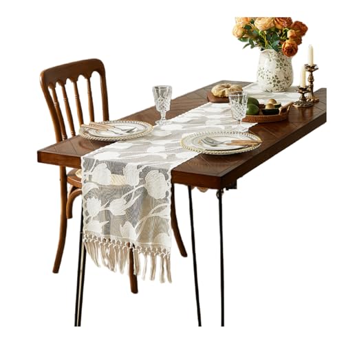 Camino para Mesa Funda para Mesa De Comedor Y Café con Borlas Huecas De Encaje De Lirio Retro Tejidas A Mano para Mueble De TV - 30*220CM