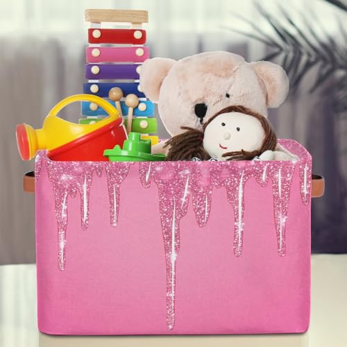 Image of Pink Sparkly Storage Baskets for Organizing, Fabric Collapsible Storage Bins Box Pink Glitter DecorativeToy Organizer Baskets for Closet Shelves Gift Basket 2Pcs