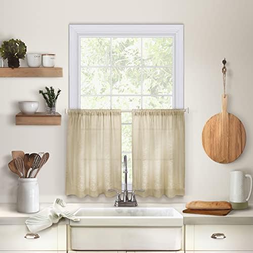 Elrene Home Fashions Cameron Linen Tier Curtains, 30" W x 24" L Each (Set of 2 Tiers), Linen