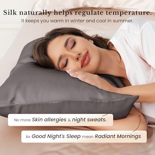 Image of THXSILK Silk Pillow Case, 100% Mulberry Silk Pillowcase for Hair and Skin, 25 Momme Natural Mulberry Silk Pillow Cover with Hidden Zipper, Gift Box, 1pc, (Dark Gray, Standard 20 inchx26 inch)