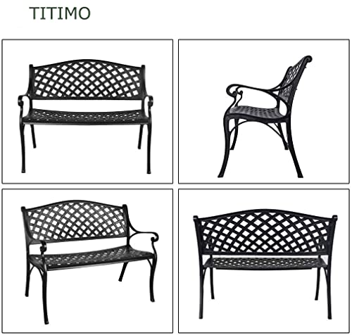 Titimo 41” Outdoor Garden Bench With Armrests Sturdy Cast Aluminum Porch Loveseat Chair For All-Weather Patio Park Path Yard Lawn Work Entryway Decor Deck (Black) #TOP5