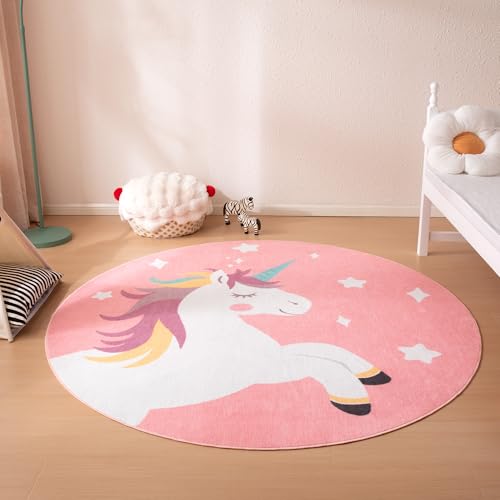 SLEEP ZONE Kids Rugs for Playroom Round Area Rugs for Bedroom Pink Unicorn Washable Cartoon Caprpet for Children Toddlers Bedroom (6 Round)