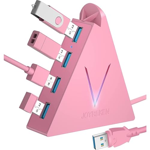 JoyReken 4-Port USB 3.0 Hub with 4 ft Extended Cable, FlyingVHUB Vertical Data USB Hub, for Mac, PC, Xbox One, PS4, PS5, iMac, Surface Pro, XPS, Laptop, Desktop, Flash Drive, Mobile HDD (Pink)