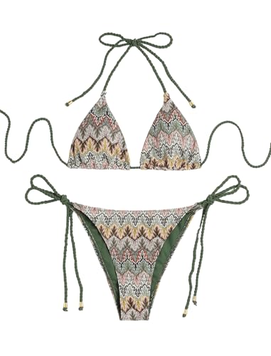 Image of ZAFUL 2 Piece Triangle Bikini for Women Knitted Rope Halter Bikini Sets Sexy Bathing Suit Side Tie Swimsuits Beachwear