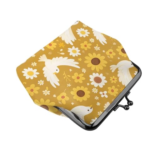 Pu Leather Buckle Coin Purse Peace-Dove-Daisies Girls Kiss-Lock Change Purse Wallets3