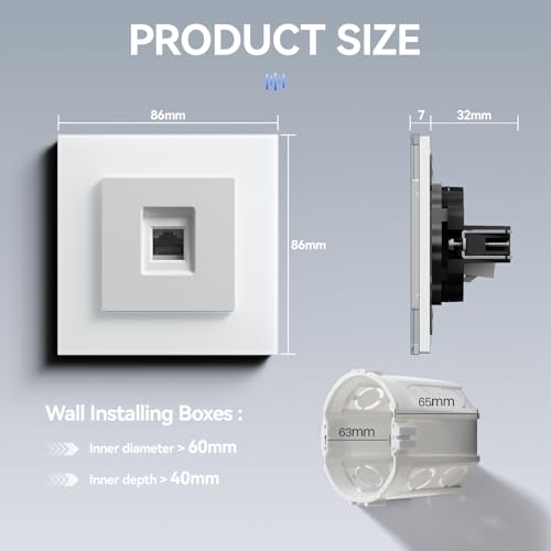 BSEED Doppelt Netzwerkdose CAT6 aus Glas,Unterputz Wandsteckdose mit Krallen, NEU E-Serie, 86mm Wei&szlig;
