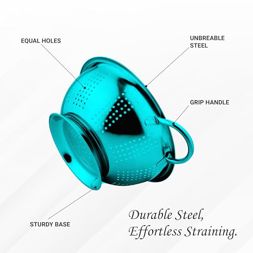 Image of Prabha Colander Stainless Steel Strainer Sieves, 3000ML, 24cm|Kitchen Strainer With Handle-Essential Kitchen | Colanders Bowl, Basket | Colander For Rice Straining Washing Fruits, Vegetables,Blue