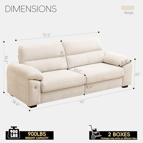 Image of Ihanherry 92 inch Modern Sofa for Living Room, Deep Seat Chenille Couch with Fast Charging Port & Removable Washable Cushions, Pillow-Armrest Loveseat for Small Space /Apartment, Sturdy Frame, Beige