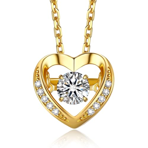 MomentWish Moissanite Halskette Damen Gold, 0,5 Karat Herz Tanz-Anhänger Sterling