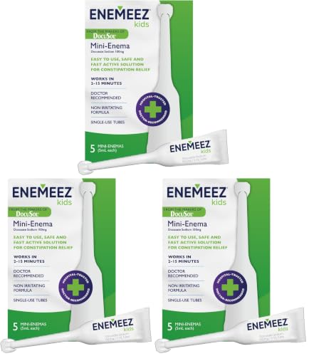 Image of DocuSol Enemeez Kids Enema - Constipation Relief for Kids, Docusate Sodium Stool Softener, Fast-Acting, 5 Single-Use Disposable Tubes (Pack of 3)