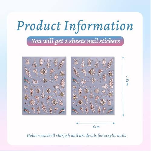 Shimmerz 2 Sheets 5D Relief Marine Life Nail Decal Gold Shell Starfish Ocean Creature Summer Nail Design Sticker Self-Adhesive Nail Decoration