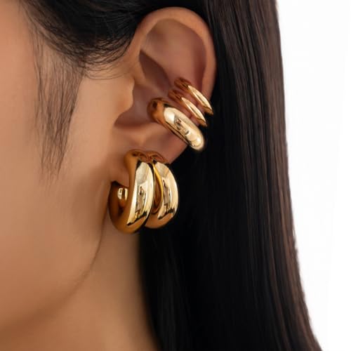 5Pcs Ear Cuff Earrings Statement Gold Round Huggie Hoop, Chunky Big Silver Clip On Non Piercing Cuff Earring for Women Charm Thick Trendy Party Jewelry Gift3
