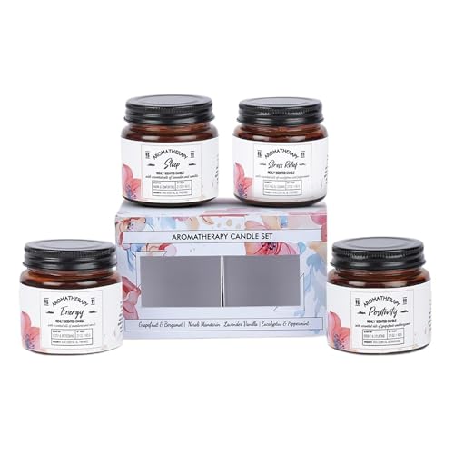 Image of D'Velas Set of 4 Aromatherapy Scented Candles in Amber Jars (60g Each) | Cozy Fragrances for Small Spaces | Clean-Burning Soy Wax | 15-Hour Burn Time | Ideal for Gifting & Home Decor
