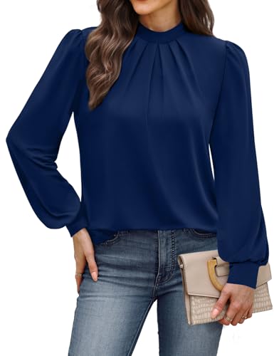 Image of WIHOLL Long Sleeve Shirts for Women Mock Neck Tops Pleated Front Blouses Dressy Casual Spring Fall Clothes 2026 Fashion