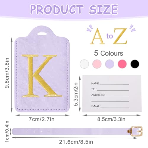Image of Personalized Initial Luggage Tags for Suitcases, Cute PU Leather Embroidered Letter Travel Luggage Tags, Suitcase Identifier Name Baggage Tag, Bag Tags for Men Women Kids Luggage Handbags(Purple K)