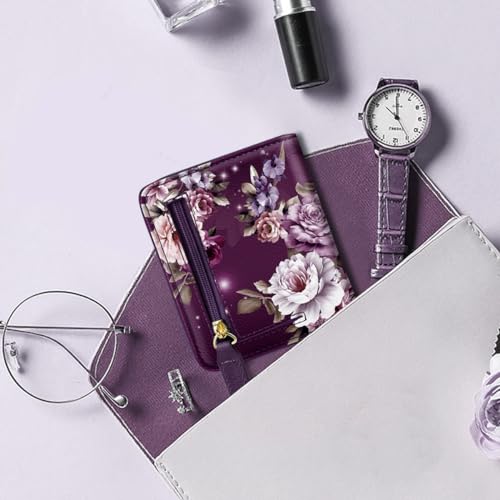 Image of Small Womens Wallet Thin Credit Card Holder Pocket Mini Purse | Compact Women Slim RFID Blocking Wallets Bifold Ladies Pocket Card Holders for Travel & Daily Use, Purple Flower