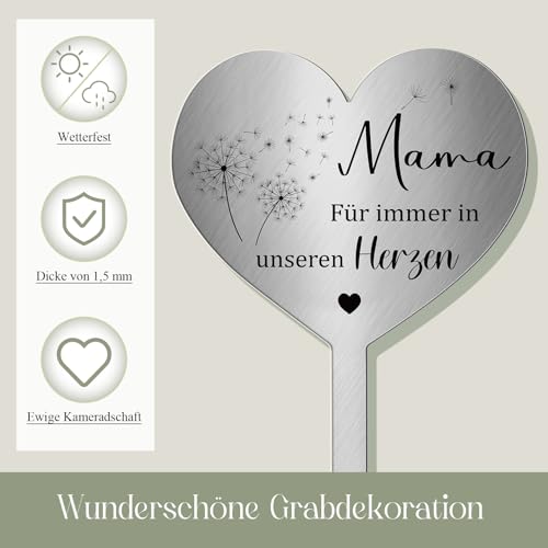 Photect Grabstecker Metall Herz mit Spruch Mama für Immer in Unseren Herzen Grabdekoration Wetterfest Grabschmuck zum Erinnerung Dekoherz Trauer