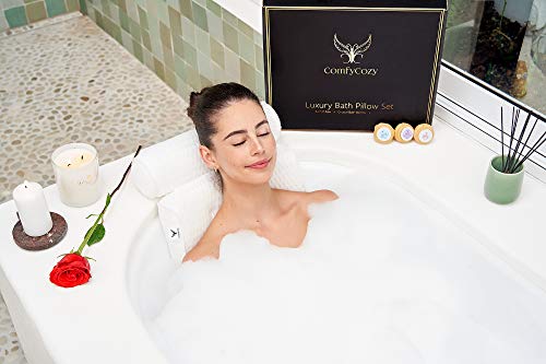 ComfyCozy Luxury Bath Pillow Gift Set With 3 Crystal Bath Bombs And Exfoliating Loofah | Bathtub Cushion Pillows For Neck Back | Birthday Anniversary Relaxation Women Her Pamper Gifts Spa Sets ComfyCozy Luxury Bath Pillow Gift Set With 3 Crystal Bath Bombs And Exfoliating Loofah | Bathtub Cushion Pillows For Neck Back | Birthday Anniversary Relaxation Women Her Pamper Gifts Spa Sets