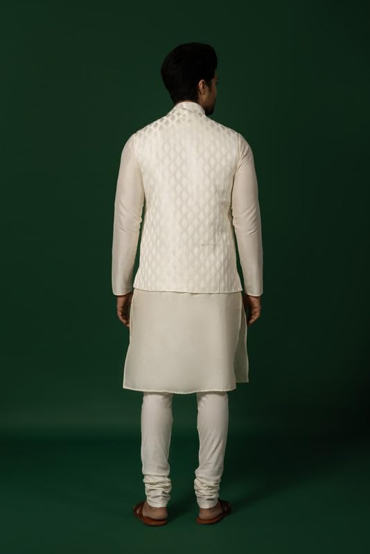Image of KISAH Men Printed Kurta Jacket Set, Full Sleaves, Knee Length, Straight, Regular Fit, Mandarin Collar Ethnic Wear