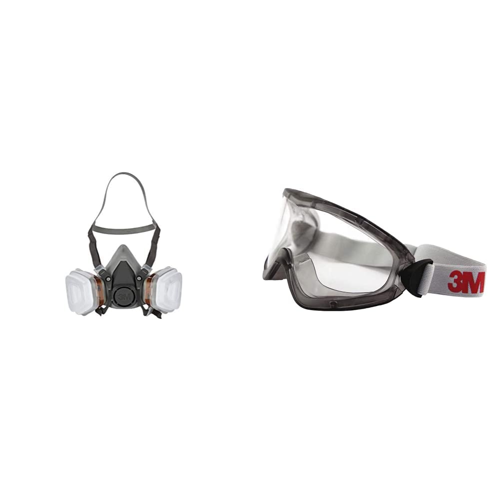 3M 6002 C1 Semimáscara respiradora reutilizable para pintura con doble filtro, Protección respiratoria, Peso facial 82 gr, Gris & 2890 Gafas de Seguridad con Ventilación Indirecta
