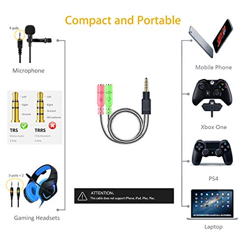 MillSO Cuffie Cavo Sdoppiatore Adattatore Audio Y Jack da 3,5mm (3,5mm maschio a 2x3,5mm femmina) per PC cuffie da gioco (non per due cuffie), PS4, Xbox One, Smartphone e Laptop - 20cm