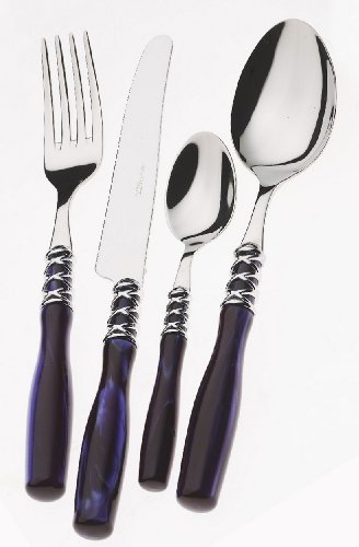 BUGATTI COUVERTS DE TABLE 24 PIECES ACIER MASSIF INOX 18/10 ALADDIN NACRE MANCHE BLEU BAGUE CROMEE