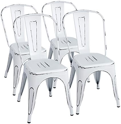 Furmax Metal Chairs Indoor/Outdoor Use Stackable Chic Dining Bistro Cafe Side Chairs Set Of 4 (Distressed White)