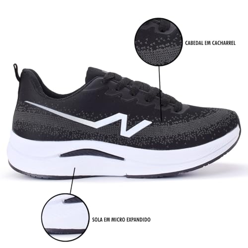 Tênis Feminino Nippos Acdemia Caminhada Esportivo (Preto Branco, BR, Adulto, Numérico, 34)