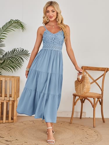 Image of Dokuritu Women's Beach Crochet Lace Maxi Dress Solid Color Summer Vacation Wedding Guest Spaghetti Strap Long Dress