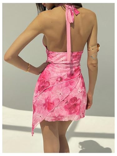 Image of SHENHE Women's Tie Dye Mesh Halter Mini Dress Sexy Sleeveless Ruched Deep V Neck Date Night Dresses