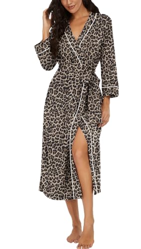 PrinStory Peignoir kimono léger pour femme - Manches 3/4 - Robe de chambre - Vêtement de nuit long - Décontracté - Peignoir de sauna, Léopard gris, M