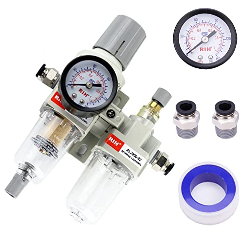 Rih Pneumatics 1/4“ Npt Compressed Air Filter Regulator Lubricator Combo Water/Oil Trap Separator - Gauge(0-150 Psi), Auto Drain, Poly Bowl,Bracket - 3 In 1 Two Unit (1/4“ Npt Auto-Drain) #TOP16
