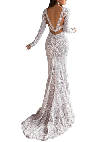 Women's Beach Wedding Dresses for Bride 2024 Vintage Long Sleeves Lace Bohemian Meramaid Bridal Gown2