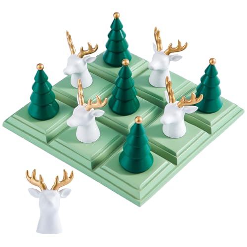 DN DECONATION Christmas Decor Tic Tac Toe Game for Coffee Table, 7.68" Resin Board Set with Reindeer & Tree Pieces, Christmas Decoration Gifts for Adults, Xmas Winter Holiday Home Shelf Mantel Decor