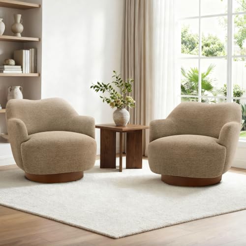 Image of KISLOT, Swivel Accent Chair, Modern Arm Chair with Wooden Base, Sand | Upholstered Barrel Chair with Curves Camel Back Design, Living Room Bedroom Reading Waitingroom