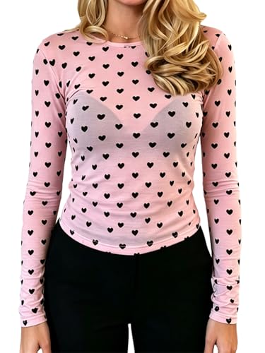 Seyumixi Women Sheer Polka Dot Top Long Sleeve Mesh See Through Tops Cute