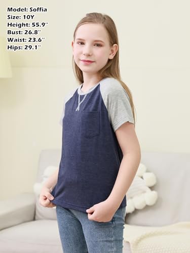 Image of GORLYA 2 Pack Girls Contrast Raglan Sleeve T-Shirt Casual Simple Basic Tee Tops with Pocket for 8-16Y