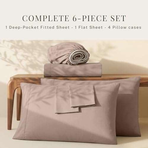 Image of Hearth & Harbor Extra Deep Pocket King Size Sets - Fits Mattress 18-24 Inches Deep - Extra Deep Pocket Sheets - 6 Piece King Size - Taupe