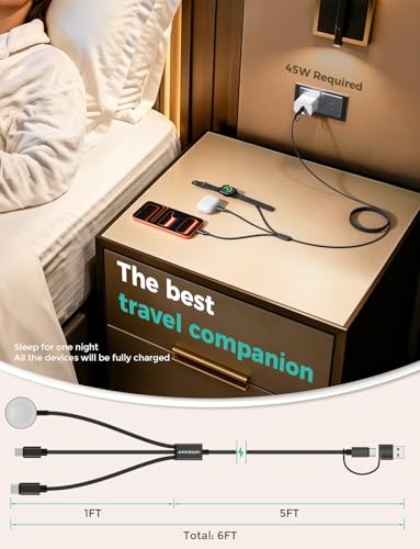 Image of Travel Essentials,3 in 2 USB C Cable for Apple Watch Charger,iPhone Charger,Multi Charging Cable,Cruise Vacation Camping Portable for iWatch Series 11-2 /Ultra /SE & iPhone 17-12,Car,Black-6FT