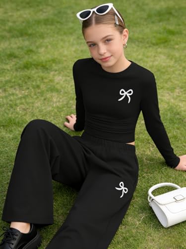 Image of Tween Girls Clothes Long Sleeve Bow Knot Print Top + Wide Leg Pants 2 Piece Outfit Set, Size 7-16 Years