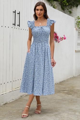 Image of Women's 2026 Spring Summer Floral Midi Dresses Square Neck Smocked Waist Beach Wedding Guest Long Flowy A Line Sundress