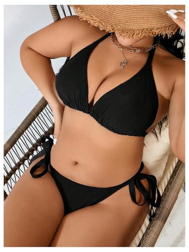 MakeMeChic Women's Plus Size Bikini Set Halter Triangle Tie Back Thong Swimsuits3