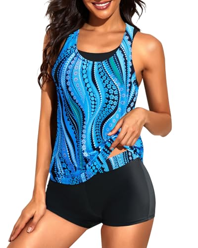 Image of 3 Piece Tankini Long Sleeve Swimsuits Athletic Rash Guard Bathing Suits | Modest,Full Coverage,High Waisted Short,Quick Dry,Criss Cross Back