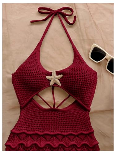 Image of GORGLITTER Women's Vacation Outfit Crochet Halter Knit Bubble Mini Dress Sexy Beach Cruise Summer Miami Resort Outfits