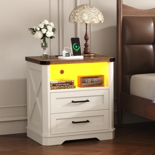 Image of Yusong 23.62 inch Tall Night Stand, LED Nightstand with Charging Station, Modern Night Stand, Wood Sofa Couch End Side Table with 2 Pull-Out Shelf, White