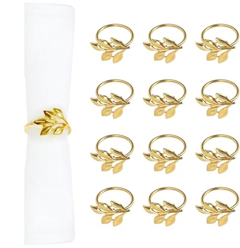 Flycppo Anillos Servilleta de Metal 12 Piezas Anillos Servilletero Dorados de Mesa,Apariencia de la Hoja Servilletero para Reuniones Familiares,Bodas,Cumpleaños,Decoración de Mesa (Oro)