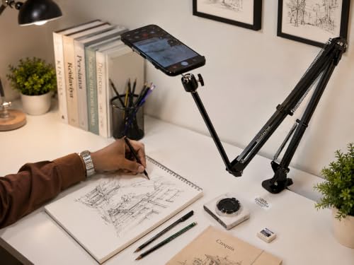 Image of BROLAVIYA Overhead Video Mobile Stand, New Magnetic Bracket with Extra Long Arm, 1 /4 inch Head 2 Way Base clamp, Strong Magnet Compatible with iPhone and Smartphones for Home, Office